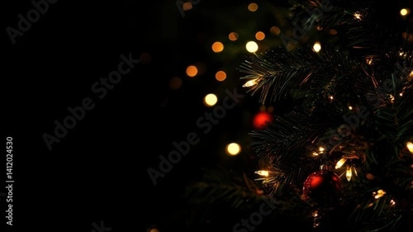 Fototapeta A dark moody Christmas frame of deep green fir branches lit by glowing fairy lights and tiny red ornaments, on black background, soft vignette, dramatic festive scene