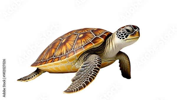 Fototapeta Detailed sea turtle swimming, top-down view, isolated on pure white