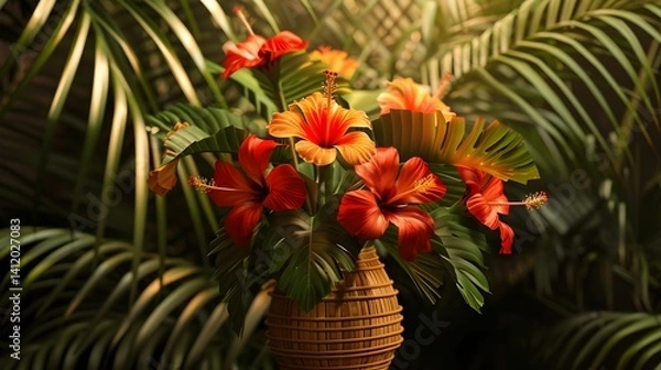 Obraz Tropical frame adorned with a woven bamboo vase filled with vibrant hibiscus flowers and bird of paradise blooms, surrounded by lush palm fronds. 