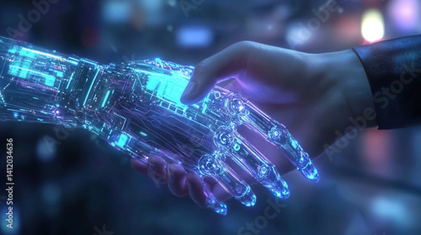 Fototapeta Human and Robot Hand Connection in Futuristic Digital World
