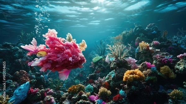 Obraz Vibrant coral reef teeming with colorful fish and flora.