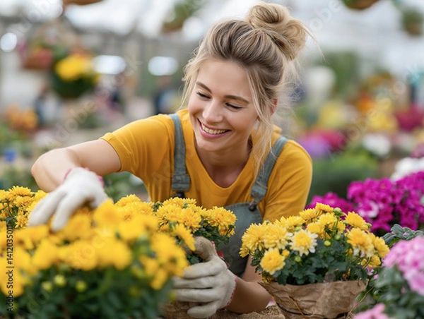 Obraz Happy woman tending to vibrant flowers in a greenhouse, showcasing love for gardening.