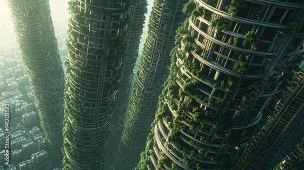 Obraz Towering, overgrown skyscrapers in a reclaimed urban landscape.
