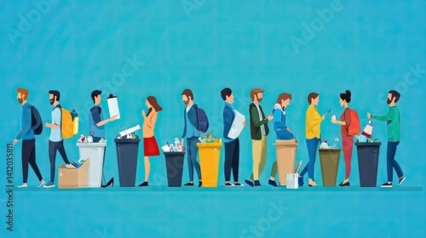 Obraz Community members sorting and discarding various waste items at designated receptacles.