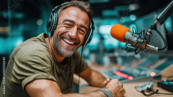 Obraz Happy man at a microphone, enjoying podcasting with a warm smile and clarity.
