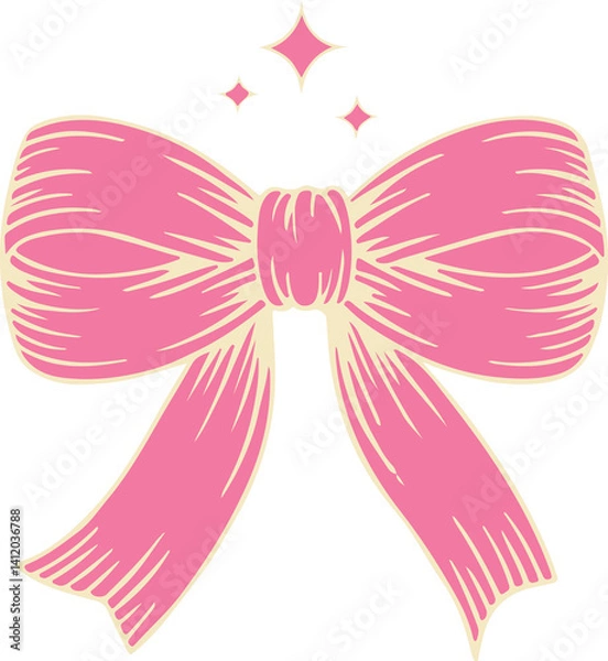 Fototapeta Cute pink bow with cream details and sparkles. Retro cartoon style, ideal for stickers, party decor, girly themes, holiday wrapping, and digital design accents.