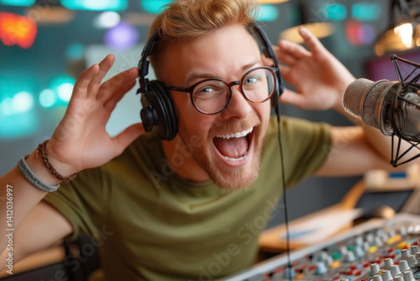 Obraz Smiling man at a podcast studio, capturing excitement while interacting with listeners.