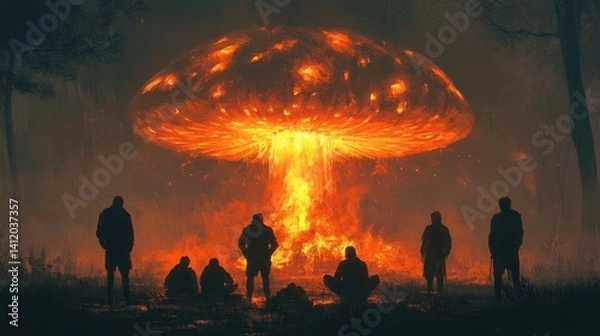 Obraz Nightmarish mushroom cloud looming over onlookers.