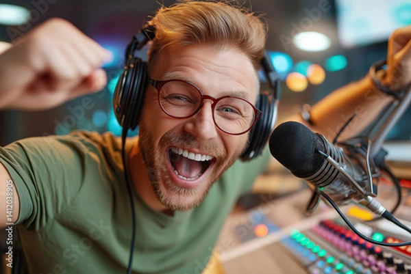 Obraz man, podcast, excitement, celebration, headphones, microphone, joy, engagement, cheerful, energetic, media, casual, technology, fun, creativity, relaxed, dynamic, friendly, atmosphere, youthful, inter