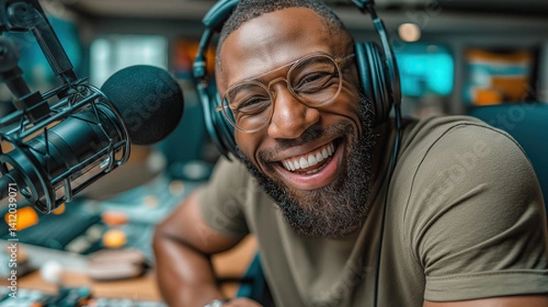Obraz Laughing man in a studio with headphones, enjoying a lively podcast session