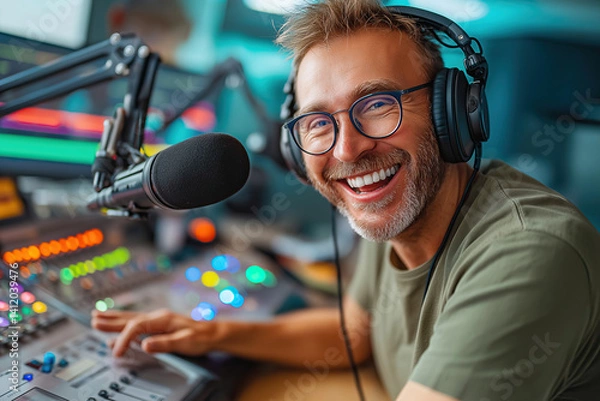 Obraz Smiling man at a podcast studio, capturing excitement while interacting with listeners.