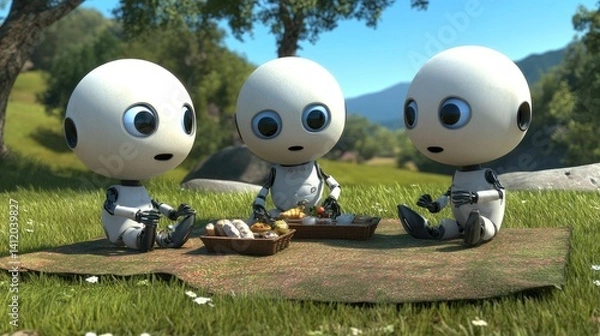 Fototapeta Three robotic figures enjoy a picnic in a grassy field.