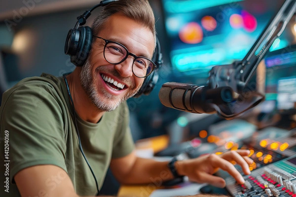 Obraz man, podcast, excitement, celebration, headphones, microphone, joy, engagement, cheerful, energetic, media, casual, technology, fun, creativity, relaxed, dynamic, friendly, atmosphere, youthful, inter