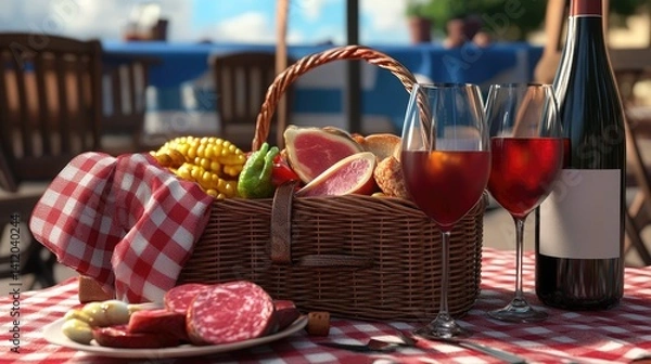 Obraz Outdoor picnic basket filled with delicious treats and drinks.