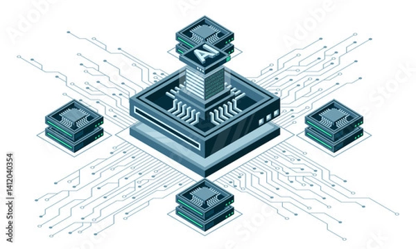 Obraz Isometric artificial intelligence chip concept. Artificial intelligence concept. Futuristic microchip processor. Isometric technology