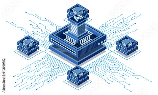 Fototapeta Isometric artificial intelligence chip concept. Artificial intelligence concept. Futuristic microchip processor. Isometric technology