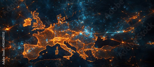 Fototapeta Glowing Digital Map of Europe with Data Connections