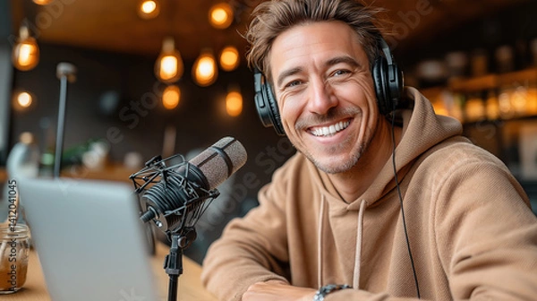 Obraz Cheerful man with headphones smiles while podcasting