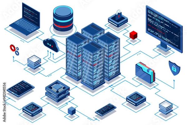 Fototapeta Computation of big data center. Cloud computing. Online devices upload and download information. Isometric technology