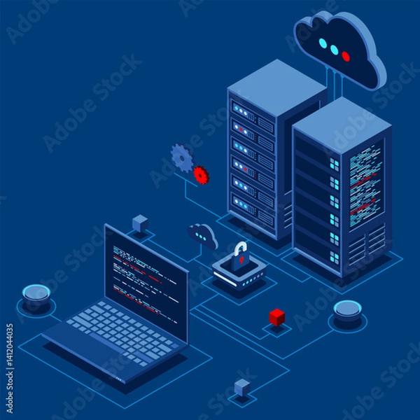 Fototapeta Cyber data security. Internet security isometric concept. Server room connected with laptop through protected hub. Computing internet digital technology. Isometric technology