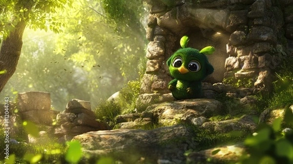 Obraz A vibrant, animated bird character sits amongst ancient ruins.