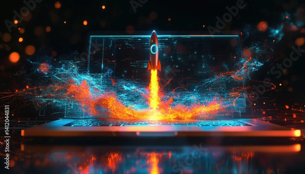 Fototapeta Rocket Launch from Laptop Representing Digital Startup