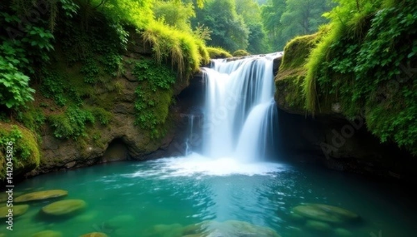 Fototapeta Lush vegetation surrounds a majestic waterfall with crystal clear waters flowing over moss-covered rocks, nature, moss