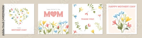 Obraz Mother's Day background Templates with Spring summer bright abstract floral design. Set of Floral poster, greeting card, cover with flowers. Bouquet and heart of colorful wildflowers. Botanical frame