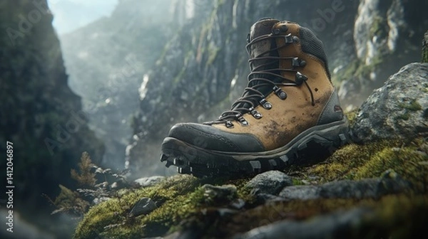 Obraz Rugged hiking boot resting on a rocky, mossy mountainside.