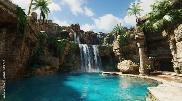 Obraz Lush tropical waterfall cascading into a serene pool, nestled within ancient ruins.
