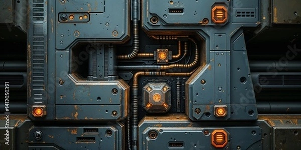 Fototapeta Heavily weathered grey metal panels with orange accents and exposed pipelines background