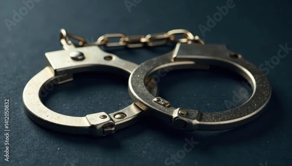 Obraz Metallic handcuffs with open clasps on a dark background, showcasing the metal's texture and structure, , metallic