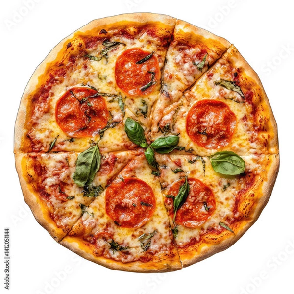 Fototapeta Overhead view of a pepperoni pizza with basil on a black background cut into slices