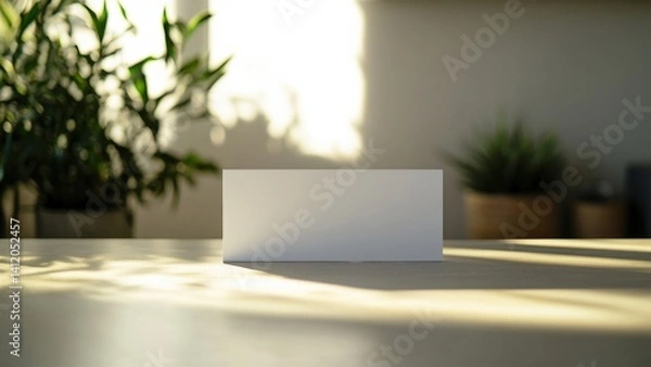 Fototapeta Minimalist Desk Setup with Blank Card and Indoor Plants
