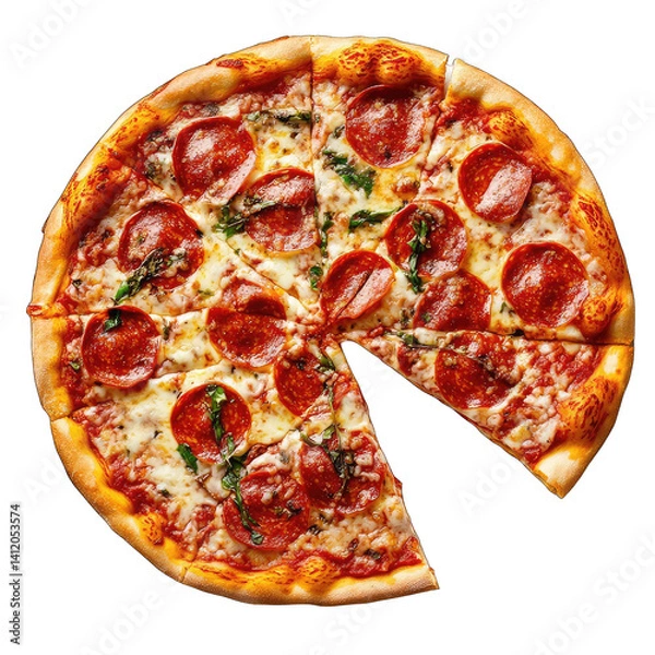 Fototapeta A pepperoni pizza with a slice missing on a black background in a studio shot close up