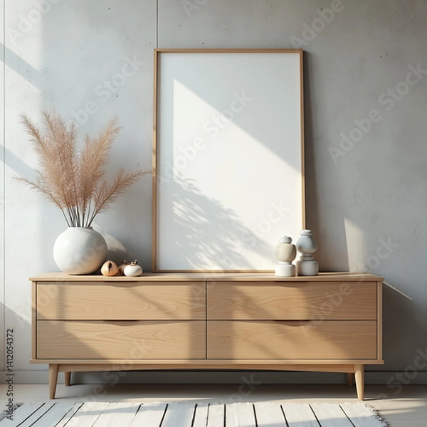 Fototapeta Wooden cabinet, dresser against concrete wall with empty blank mock up poster frame with copy space. Loft home interior design of modern living room.