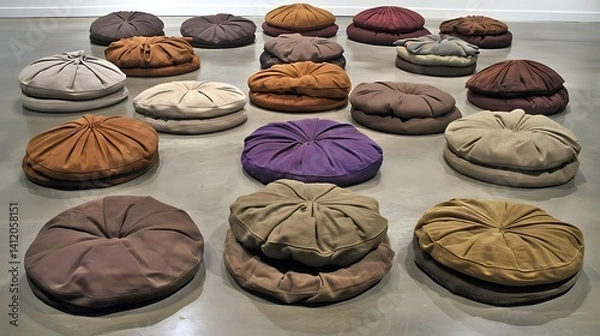 Fototapeta Array of Plush Round Pillows Arranged on Neutral Floor with Unique Color Tones
