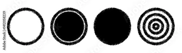 Obraz Monochrome set of four circular icons with a rough, grunge texture: an empty circle outline, a solid black circle with a black outline, a solid black circle, and concentric circles. Represents various