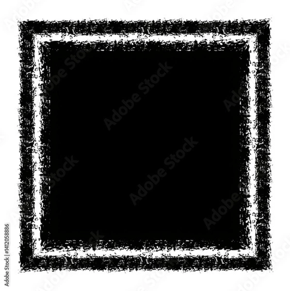 Fototapeta Grunge textured illustration of a solid black square with a distressed white border. Represents a rough, edgy, or vintage style element for backgrounds, overlays, or design accents.
