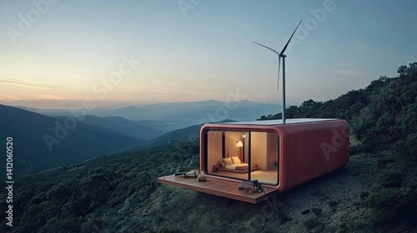 Fototapeta Rustic, modern tiny cabin perched atop a mountain.
