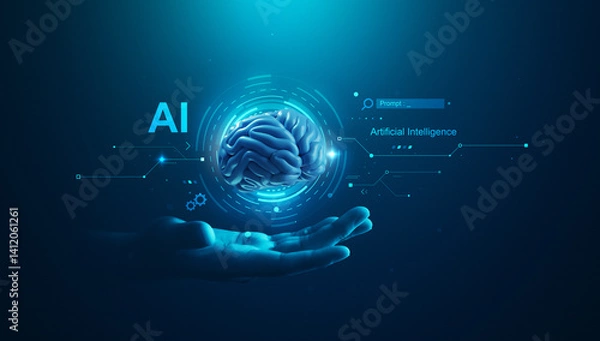 Fototapeta 3D AI Brain with Artificial Intelligence Neural Network and Digital Data AI Technology.