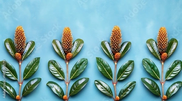 Fototapeta Botanical arrangement featuring vibrant leaves and textured seed pods, symmetrical and elegant