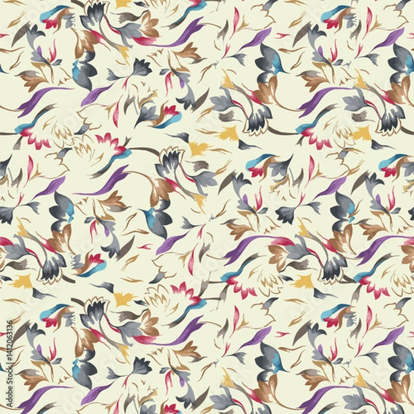 Fototapeta Stylized floral pattern in muted shades of brown, gray, teal, purple, with hints of red and yellow on a light beige background. Adds a touch of modern vintage elegance to any project