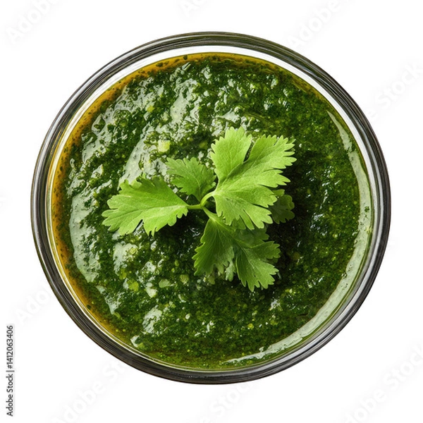 Fototapeta A top view of a bowl filled with vibrant green cilantro chutney on a black background