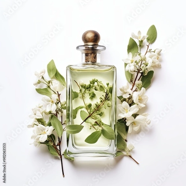 Fototapeta A beautiful transparent perfume bottle with a silver cap is placed on a white background. It is surrounded by delicate white flowers and fresh green leaves, creating an elegant display.