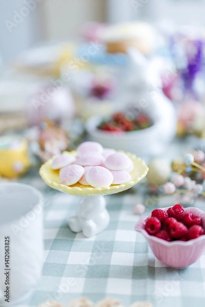 Obraz Easter table with pink candy on yellow platter