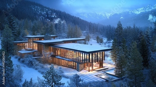 Obraz Modern mountain home nestled in a snowy landscape.