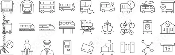 Obraz Vehicle public transport line icon set. Vector pictograms of metro, tram, monorail, ferry, bike, wheelchair, electric bus, thin linear illustration.