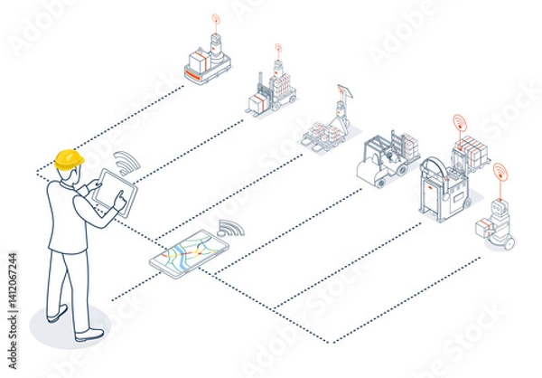 Obraz The warehouse worker manages Automated Guided Vehicles (AGVs) and Autonomous Mobile Robots (AMRs) within the warehouse facility using a tablet and wifi device.