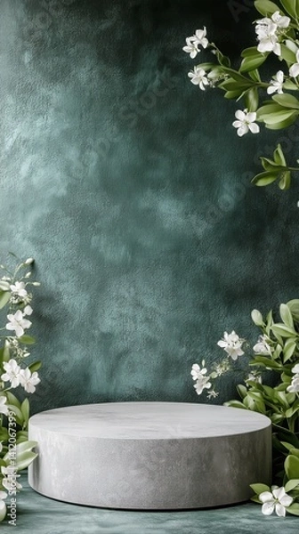 Fototapeta Floral Display on a Round Pedestal Against a Textured Green Background With White Blossoms